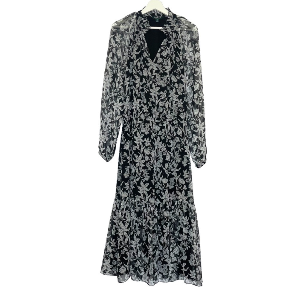 Lauren Ralph Lauren, floral peasant dress, elastic waist, sheer sleeve size 12